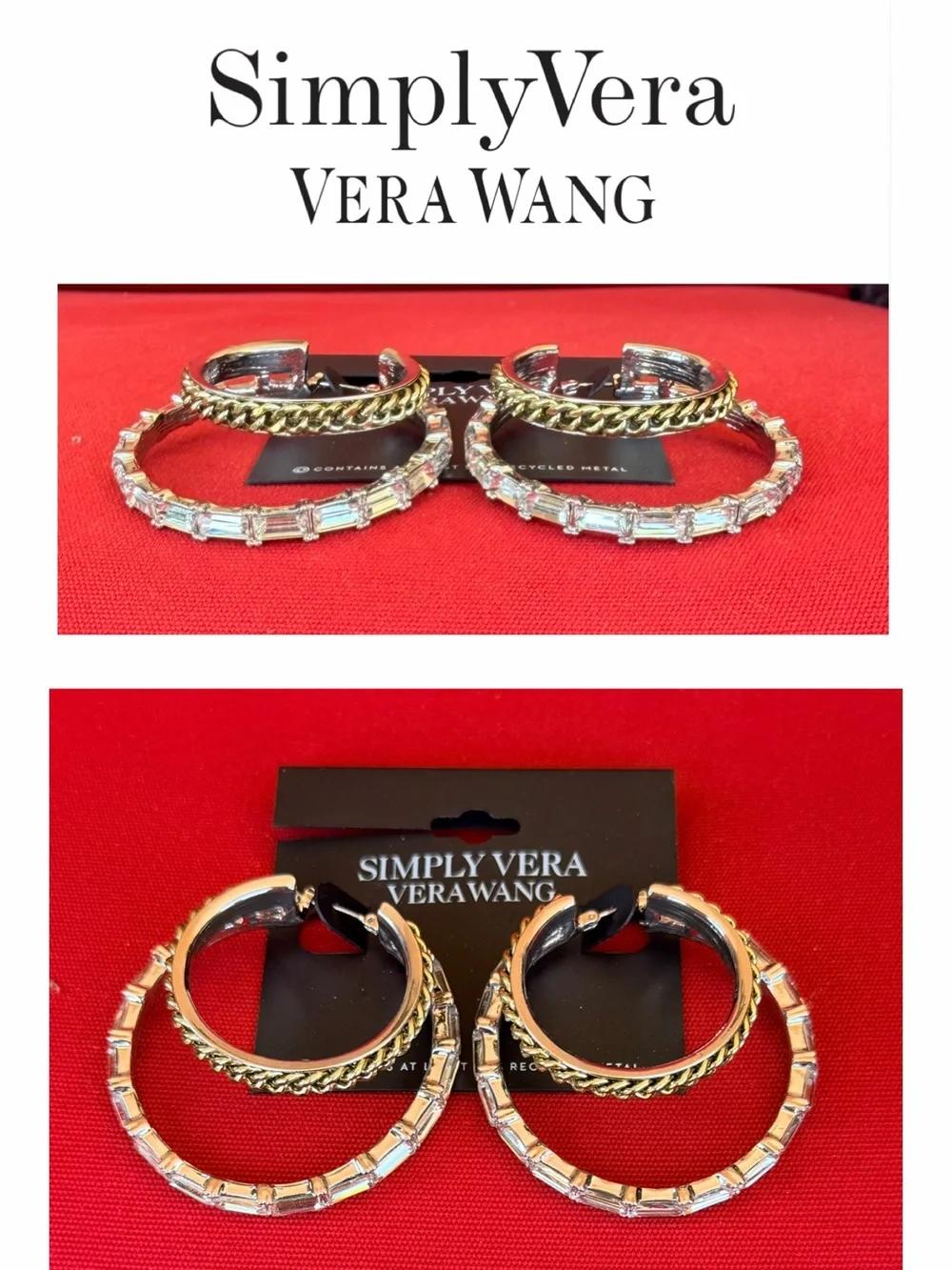 VERA WANG Two-Tone Silver/Gold Clear Crystal Double Hoop Earrings